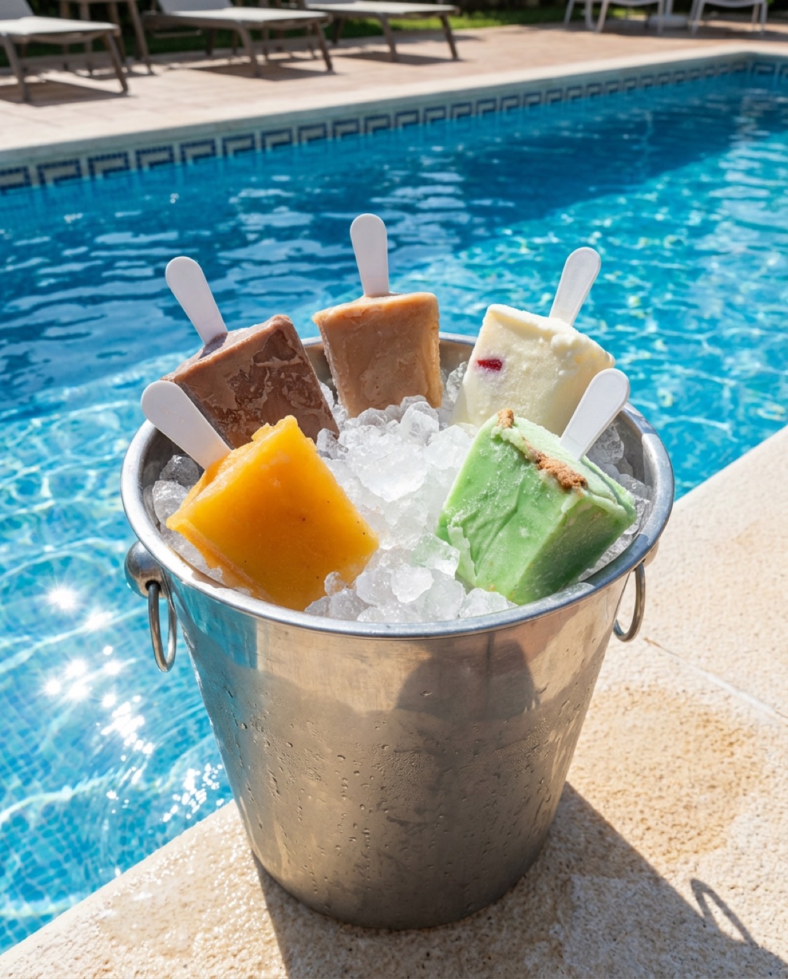 Cubeta con helados artesanales El Antojo Frutal junto a una piscina